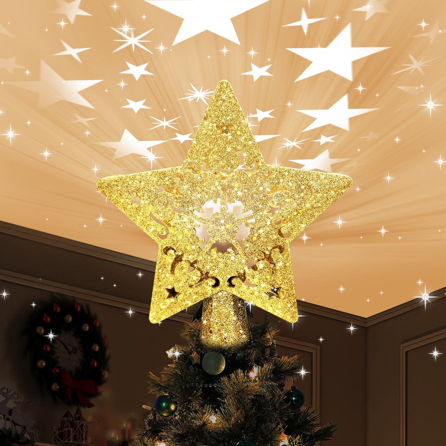 Christmas Tree Topper, 3D Rotating Silver Projector for Xmas Tree Topper, Hollow Design Christmas Decorations, Christmas Decor