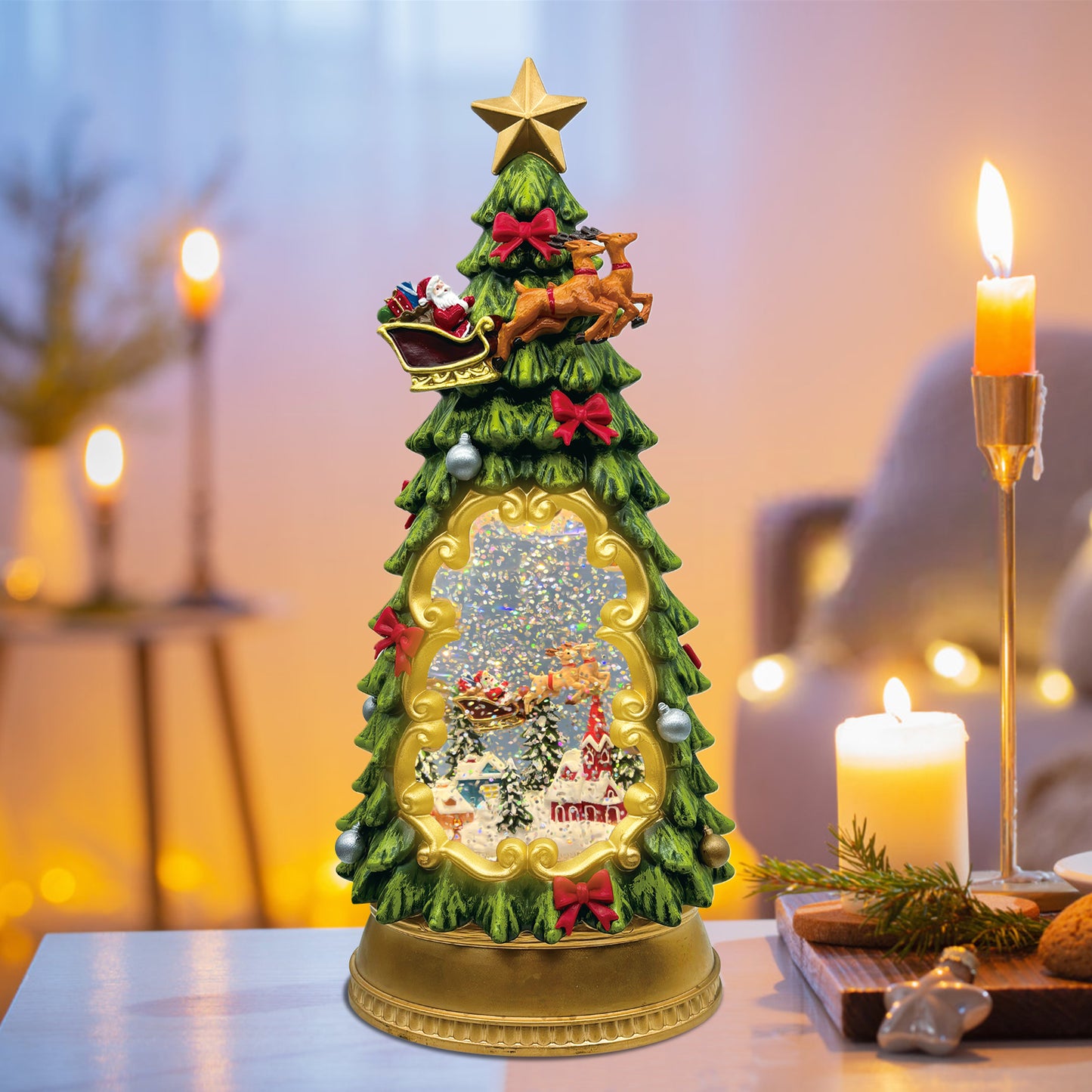 Christmas Snow Globe Lantern with Reindeer, Santa & Christmas Tree - Musical, 6H Timer-Enabled LED Glittering Globe, USB/Battery Operated, Ideal for Home Holiday Decor