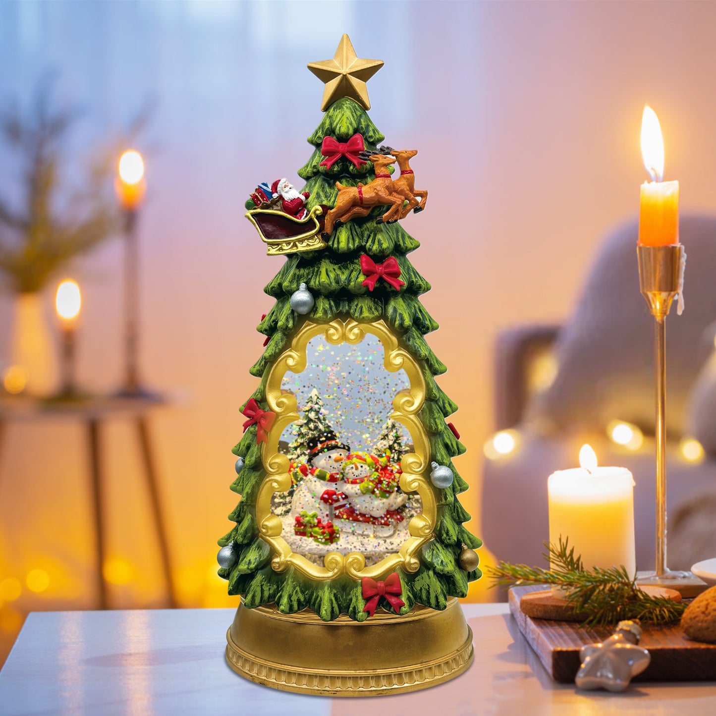 Christmas Snow Globe Lantern with Reindeer, Santa & Christmas Tree - Musical, 6H Timer-Enabled LED Glittering Globe, USB/Battery Operated, Ideal for Home Holiday Decor