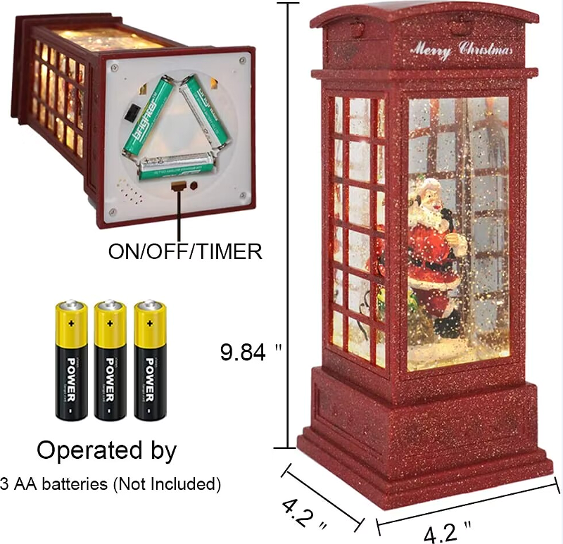 Christmas Telephone Booth Snow Globe Lantern Lighted Box Night Light Battery Or USB Operated Led Lighted Water Glittering Music Playing for Home Decoration