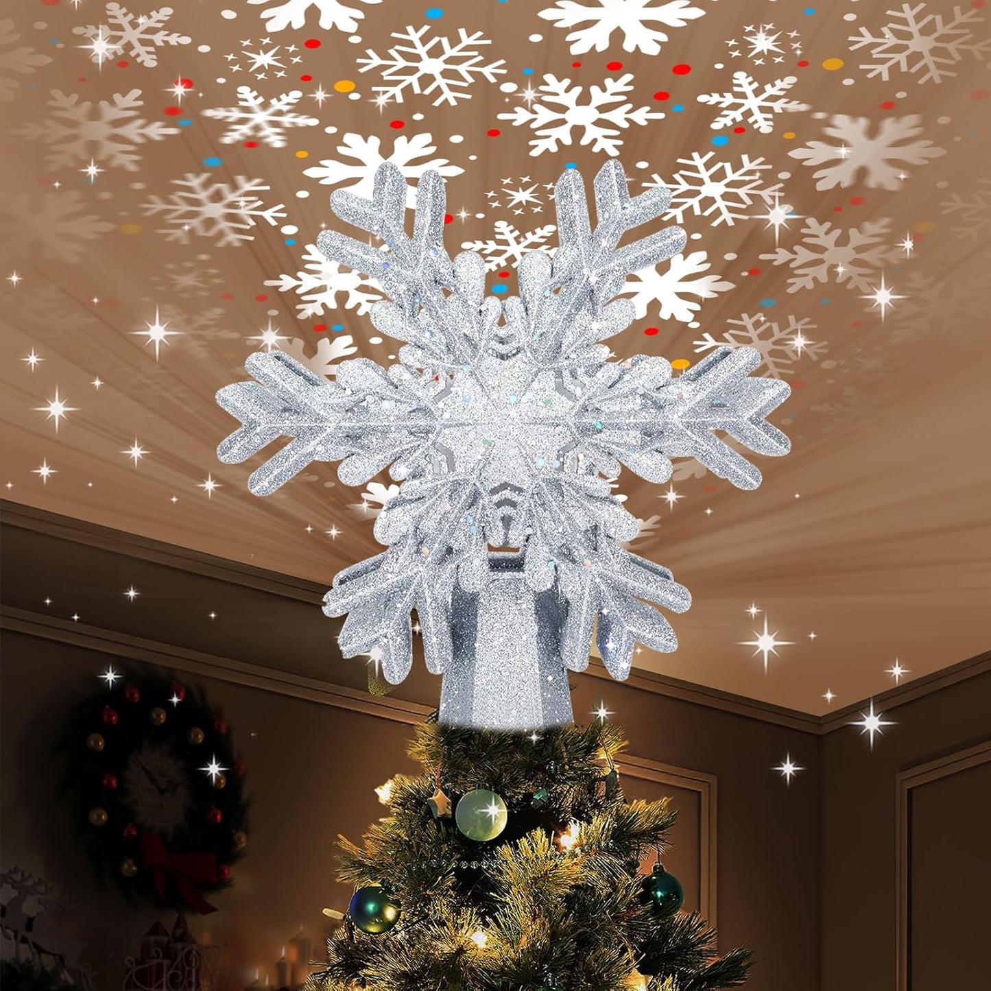Christmas Tree Topper, 3D Rotating Silver Projector for Xmas Tree Topper, Hollow Design Christmas Decorations, Christmas Decor