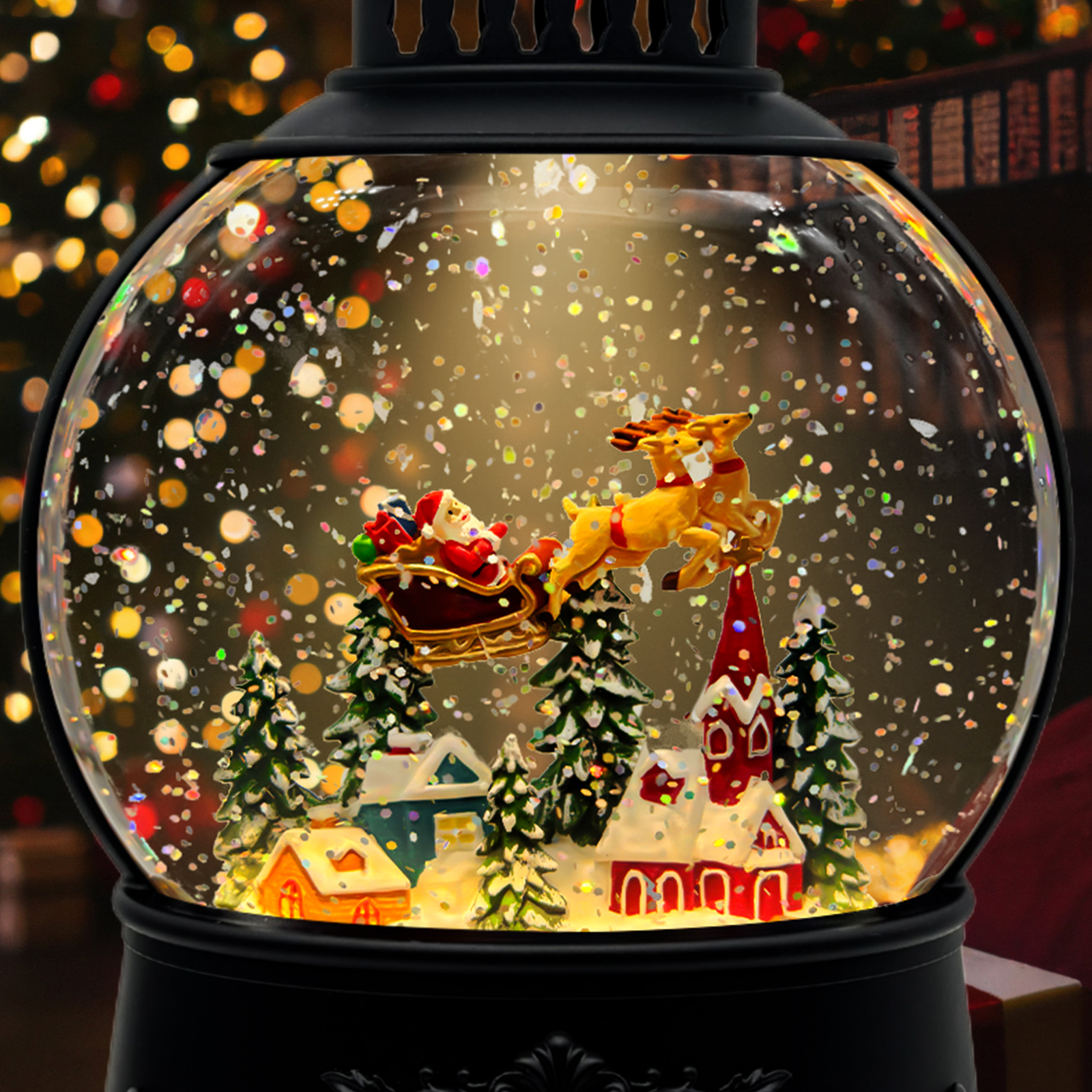 Oval Flying Reindeer Snow Globe Lantern