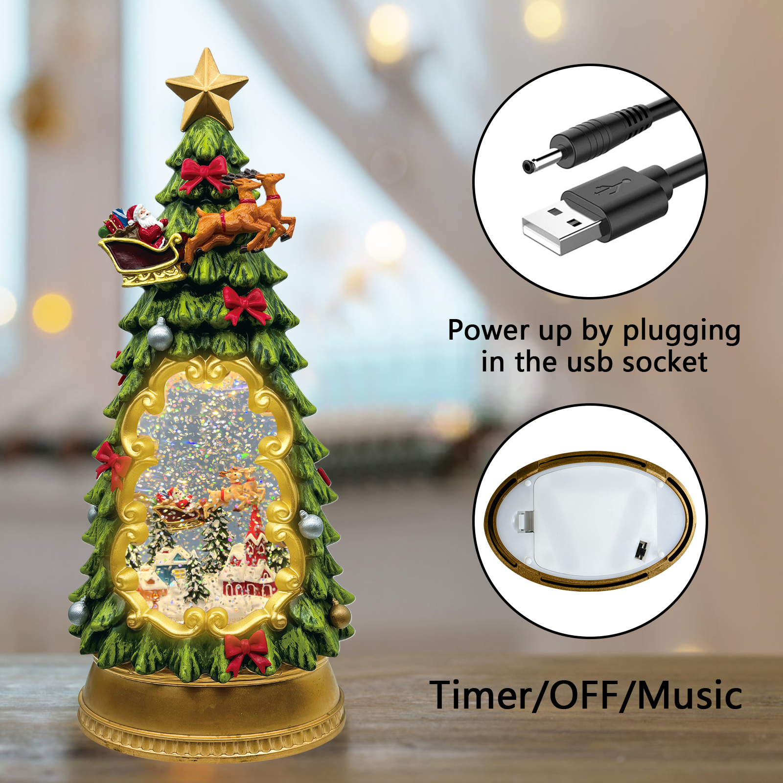 Flying Reindeer Christmas Tree Snow Globe