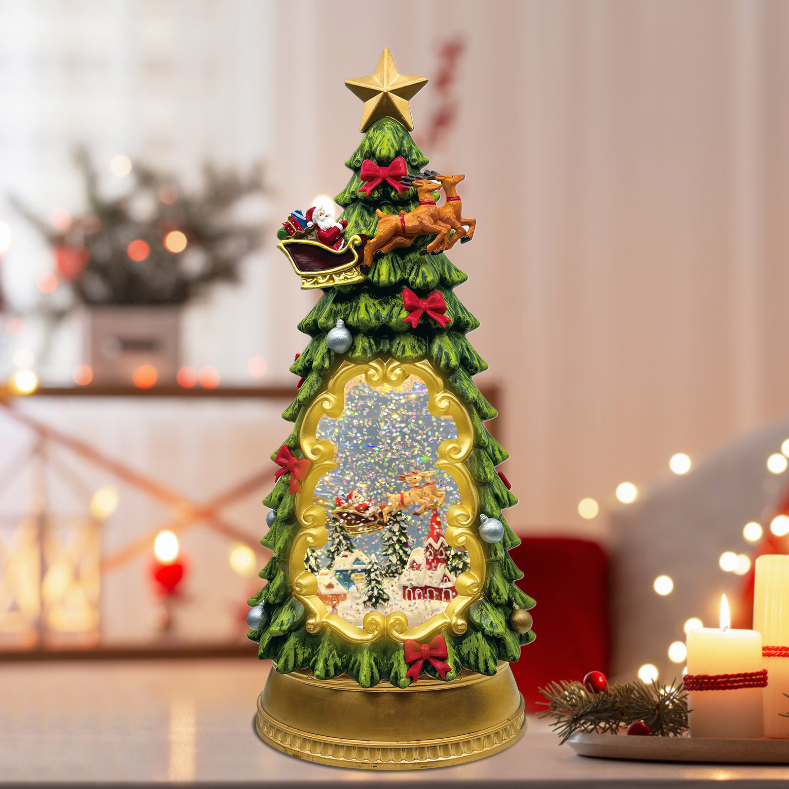 Flying Reindeer Christmas Tree Snow Globe