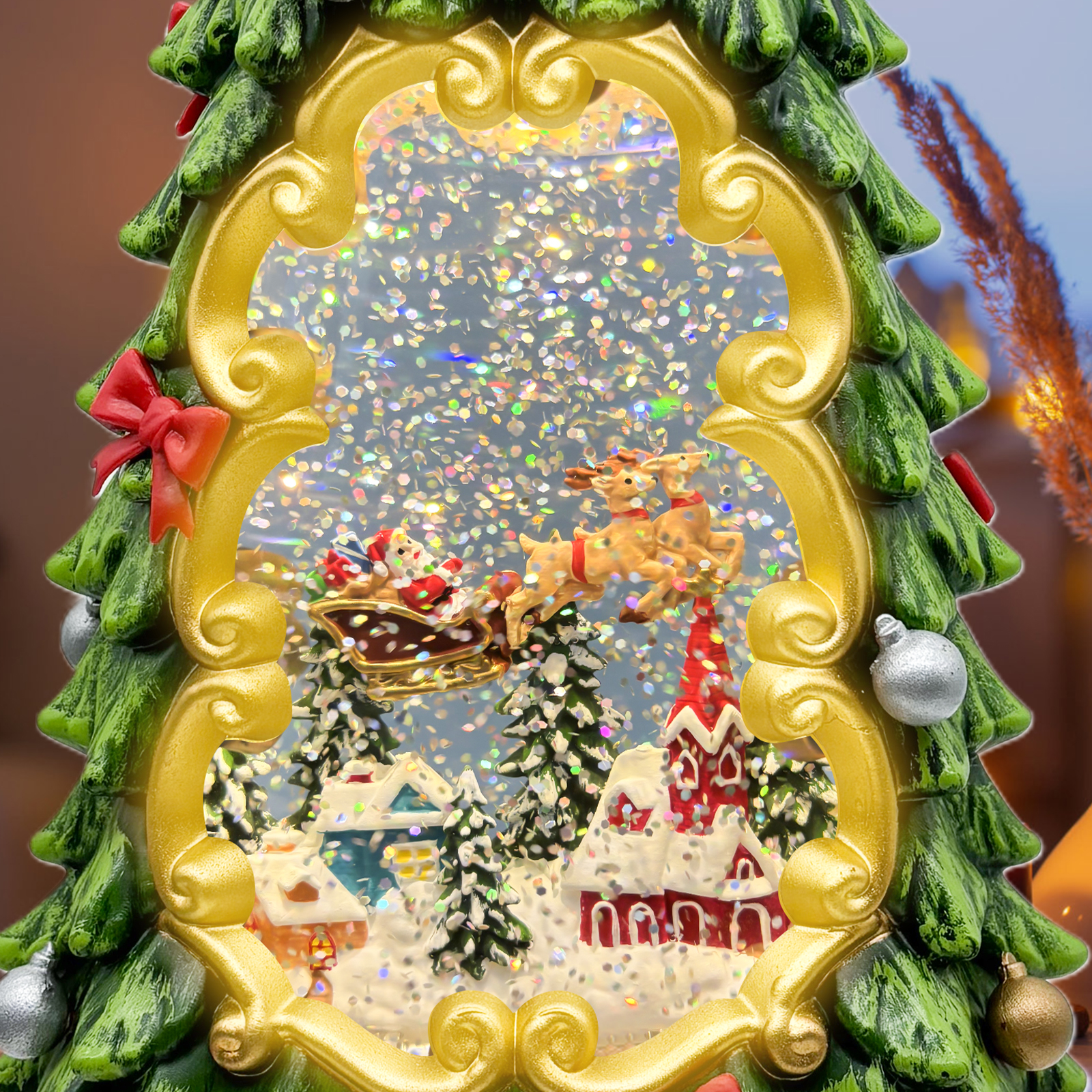 Flying Reindeer Christmas Tree Snow Globe