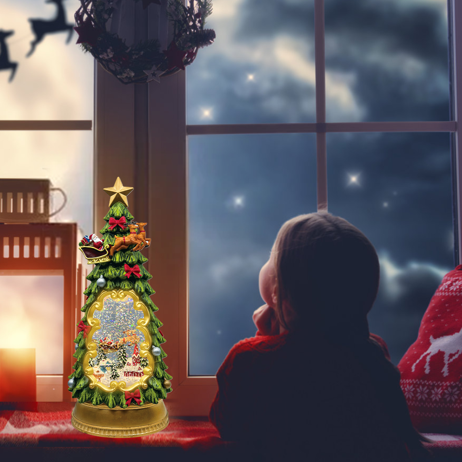 Flying Reindeer Christmas Tree Snow Globe