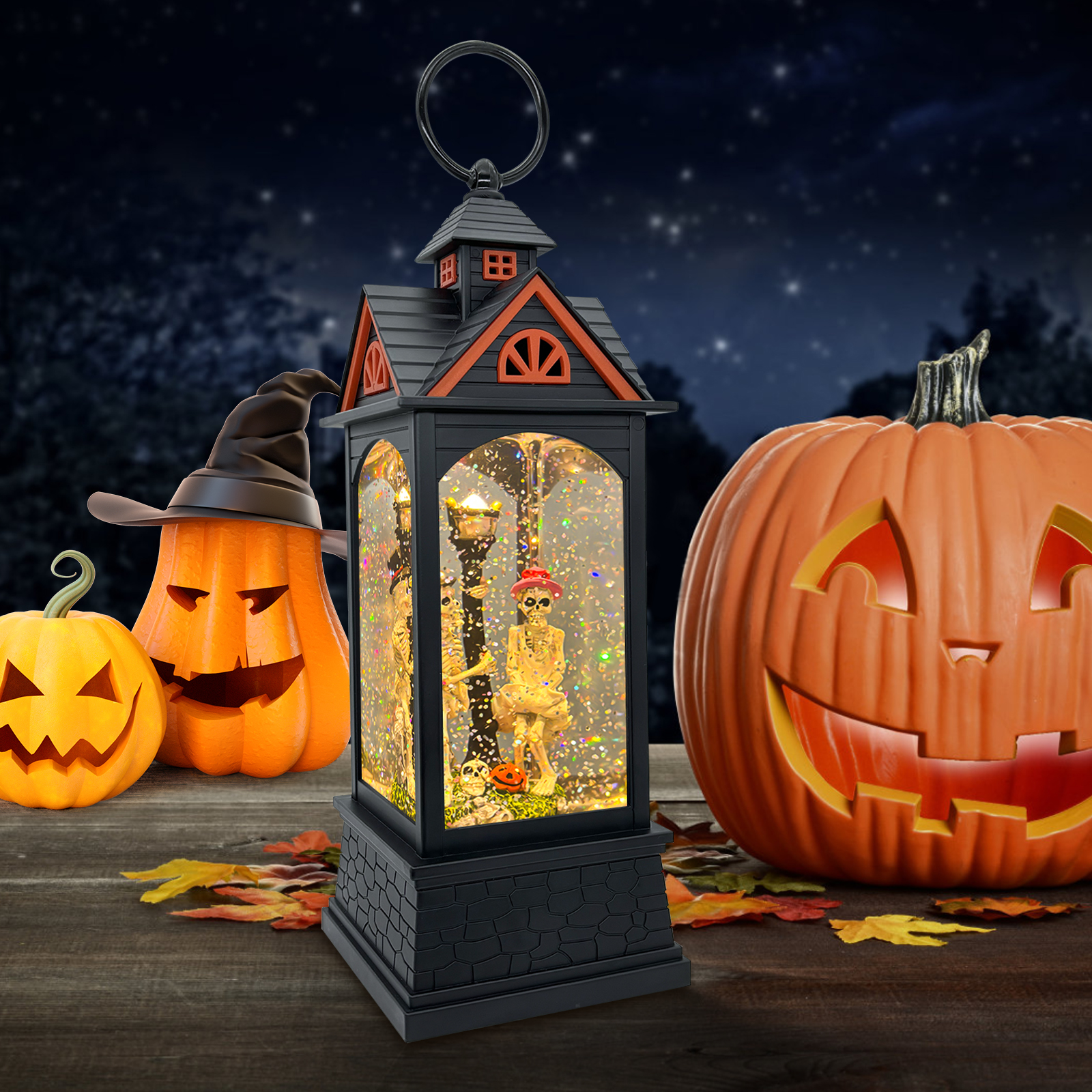 Double Skeleton Halloween Snow Globe Lantern - side view