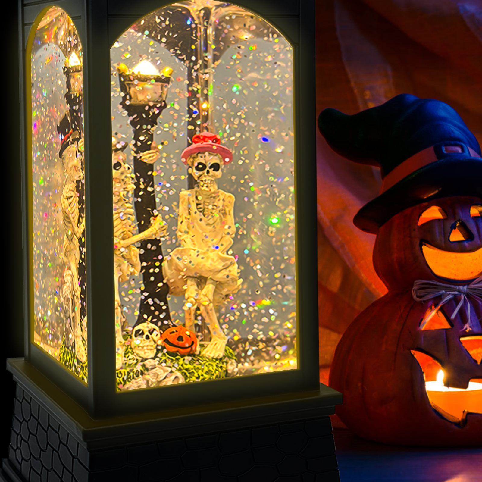 Double Skeleton Halloween Snow Globe Lantern - display view