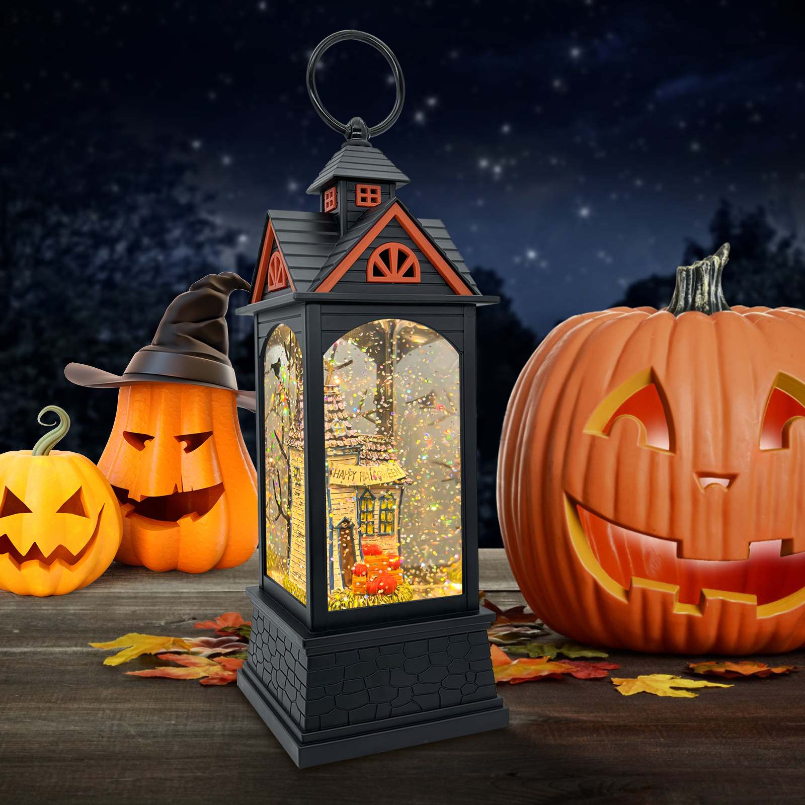 Haunted House Halloween Snow Globe Lantern - side view