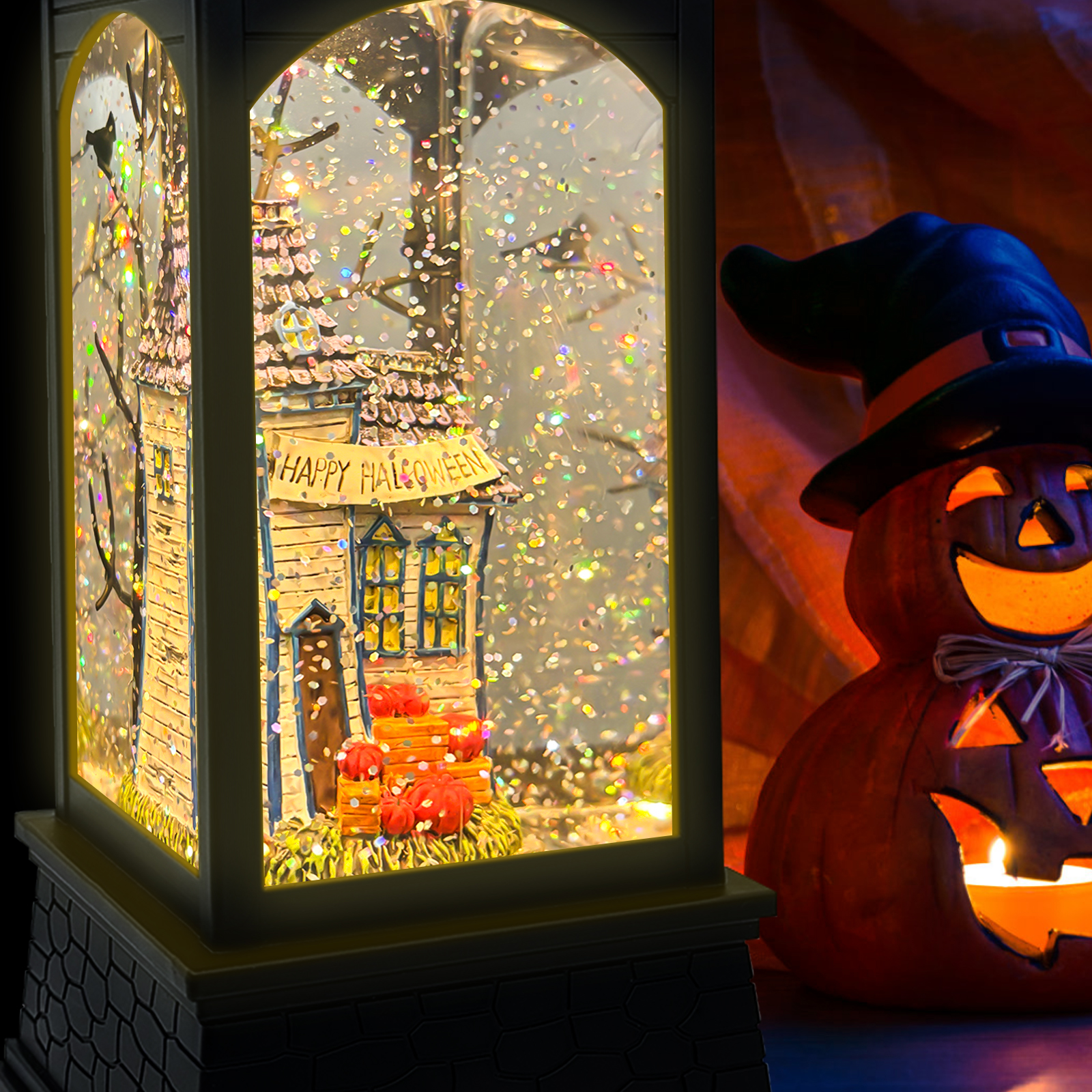 Haunted House Halloween Snow Globe Lantern - display view