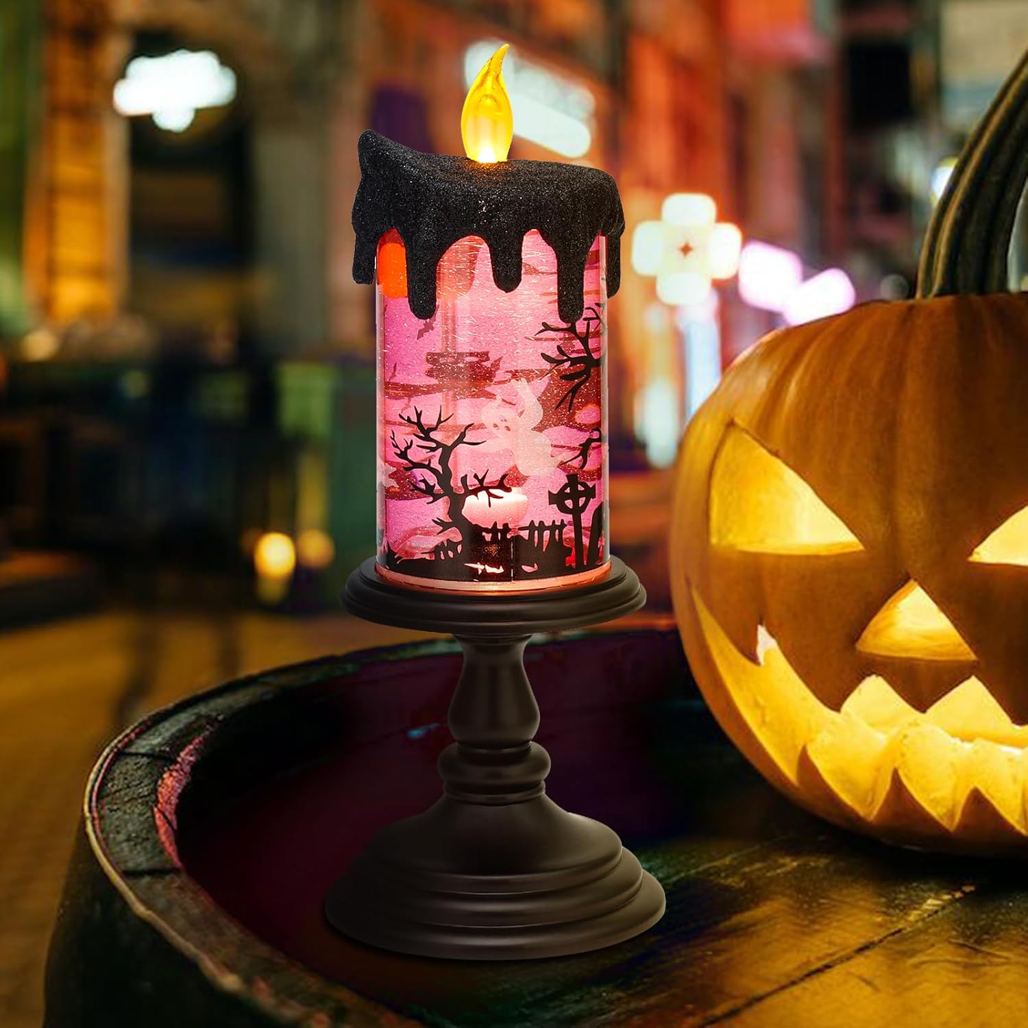 Pink Halloween Flameless Candle - detail view