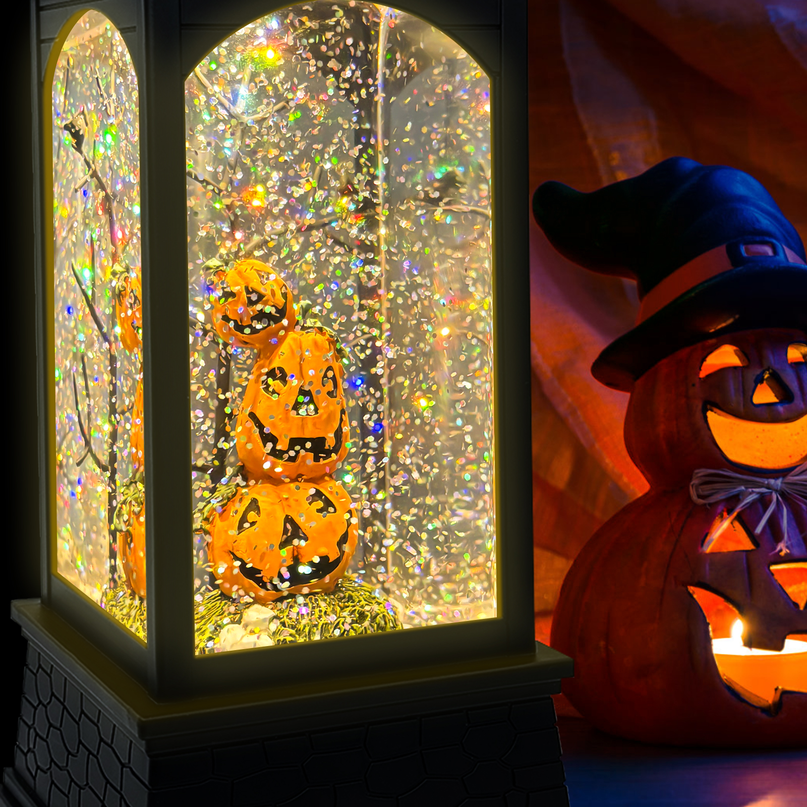 Pumpkin Halloween Snow Globe Lantern - display view