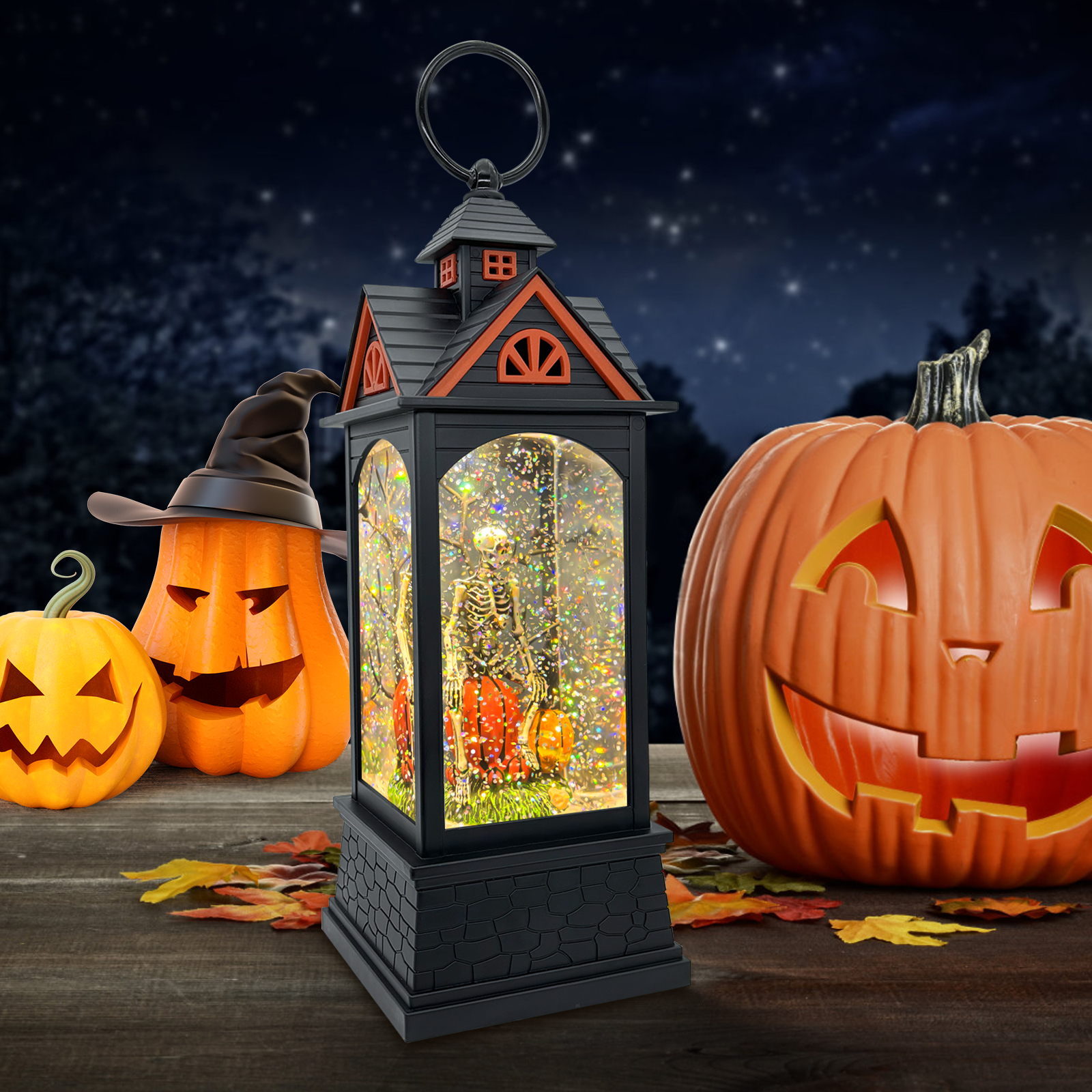 Single Skeleton Halloween Snow Globe Lantern - detail view