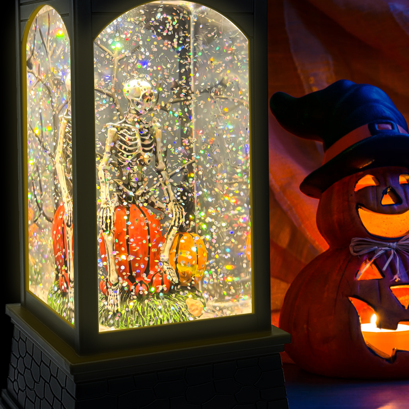 Single Skeleton Halloween Snow Globe Lantern - display view