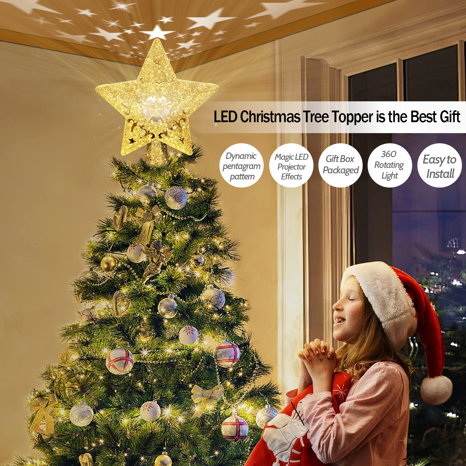 Star Projection Christmas Tree Topper - detail view
